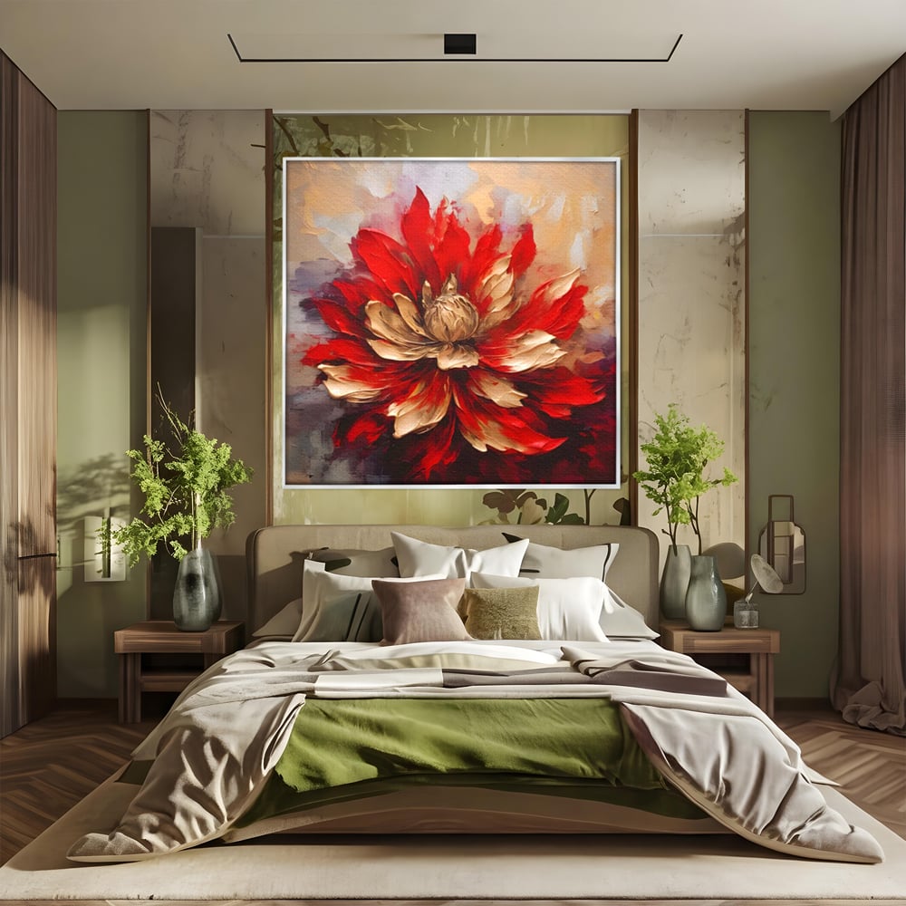 Tablou canvas cu pictura cu o floare rosie si aurie in relief, in rama de aluminiu argintiu, pe perete intr-un dormitor